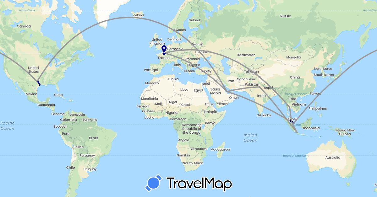 TravelMap itinerary: driving, plane in France, Indonesia, India, Japan, Malaysia, Qatar, Singapore, Thailand, United States (Asia, Europe, North America)